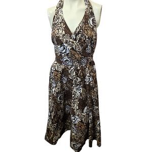 Tape Measure Brown Floral‎ Halter Dress Wrap Tie Back Fit Flare Sz 10